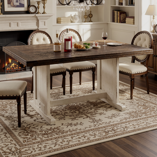 Sunvega Mahogany and Mindi Wood Rectangular Plank Top Dining Table with Off White Trestle Base