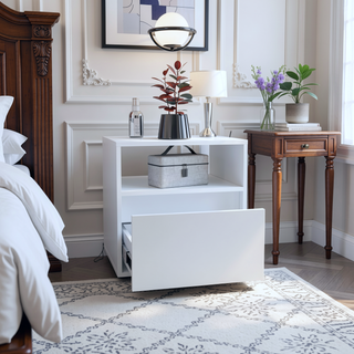 Sunvega White Nightstand with Drawer and Casters for Bedroom or Living Room