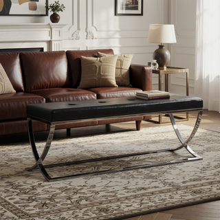 Sunvega Black Leatherette Bench with Chrome Frame and Gentle Contours