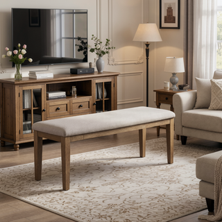 Sunvega Rectangular Solid Wood Bench with Fabric Upholstered Seat and Chamfered Legs