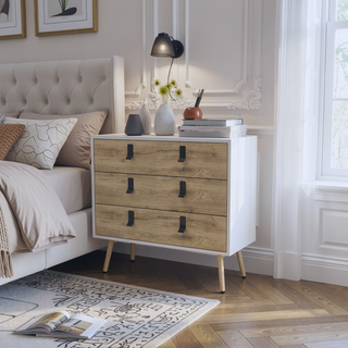 Sunvega White and Macadamia 3-Drawer Dresser with Contemporary Metal Handles and Wooden Legs