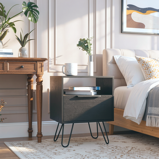 Sunvega Black Nightstand with Hairpin Legs, Open Shelf, and Single Door Cabinet