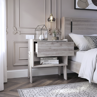 Sunvega Nightstand with Open Shelf and Drawer in Light Gray Finish