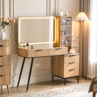 Sunvega Vanity Desk with Mirror Lights Power Outlet 5 Drawers Storage Shelves
