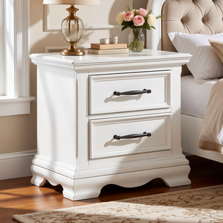 Sunvega White Finish 2-Drawer Nightstand with Black Nickel Pulls Classic Bedside Table