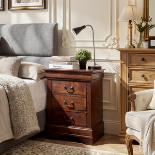 Sunvega Warm Cherry Finish Nightstand with Three Large Drawers for Bedroom