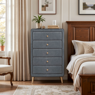 Sunvega Light Grey Upholstered 5-Drawer Chest with Wooden Tapered Legs for Bedroom