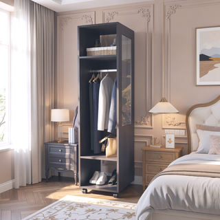 Sunvega Freestanding Wardrobe with Mirror, Shelves, Hanging Rod and Casters for Bedroom