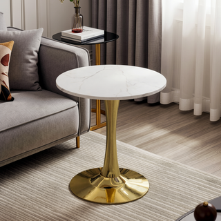 Sunvega Round White Pedestal Side Table with Marble Effect Top for Living Room