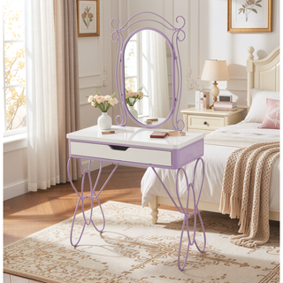 Sunvega Elegant Butterfly Design White PU Leather Finish Vanity Set with Stool