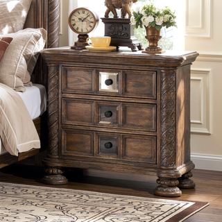 Sunvega Traditional Rustic Solid Wood Nightstand with Bronze Hanging Pulls and 3 Drawers