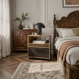 Sunvega Natural Oak Nightstand with Drawer and Open Storage on Wheels