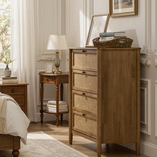 Sunvega Wood and Rattan 4-Drawer Chest with Spacious Storage and Light Walnut Finish