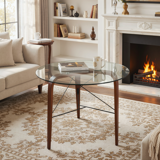 Sunvega Contemporary Round Walnut Wood Tripod Dinette Table with Tempered Glass Top