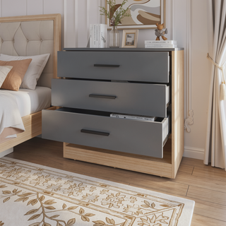 Sunvega Modern Oak and Grey Dresser with 3 Drawers and Open Shelf for Hallway