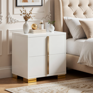 Sunvega Art Deco Nightstand with Two Drawers and Gold Metal Hardware for Bedroom