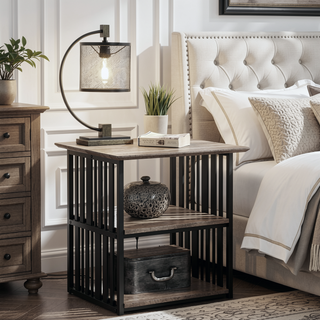 Sunvega Antique Oak and Black 3-Shelf Nightstand with Slatted Metal Frame