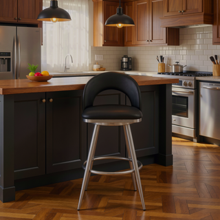 Sunvega 30 Inch Swivel Bar Stool with Black Faux Leather and Brushed Stainless Steel