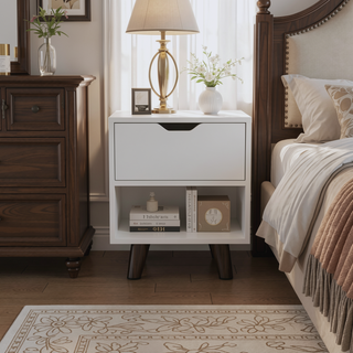 Sunvega White Carleen Nightstand with Roomy Drawer and Generous Display Shelf
