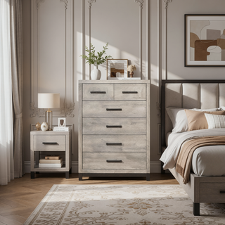 Sunvega Gray Finish 7-Drawer Dresser with Metal Bar Hardware for Bedroom