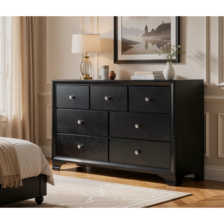 Sunvega Modern Glam Style Black Finish Five Drawer Chest Nightstand with Faux Crystal Pulls