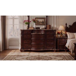 Sunvega Traditional Brown Cherry Finish Marble Top Three Drawer Nightstand