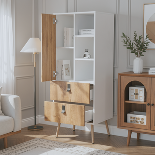 Sunvega White and Macadamia Tall Dresser with Two Drawers and Side Shelves