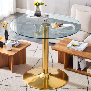 Sunvega Modern Round Tempered Glass Dining Table with Gold Metal Legs for 4-6