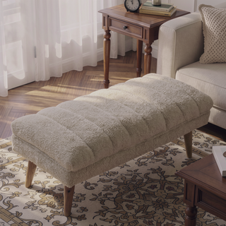Sunvega Cream Boucle Puffer Bench with Curved Top and Nordic Legs for Living Room