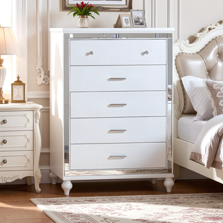 Sunvega Sterling Mirror Framed 5-Drawer Chest in White with Metallic Finish