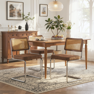 Sunvega Mid Century Modern Dining Chairs Set of 2 with Velvet Upholstery and Natural Rattan Back