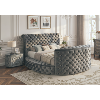 Sunvega Modern Gray Tufted Upholstery Nightstand with 8mm Glass Top and Two Drawers