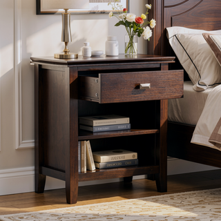 Sunvega Handcrafted Russet Brown Solid Wood Transitional Bedside Table with Drawer