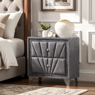 Sunvega Transitional Gray Fabric Upholstered Nightstand with Chrome Legs and Glass Top