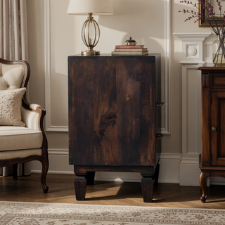 Sunvega Solid Mango Wood Arno Bedside Table with Carved Block Pattern and Drawers