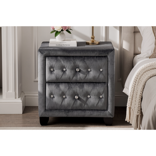 Sunvega Cream Velvet Upholstered Nightstand with Crystal Tufted Design and Two Drawers