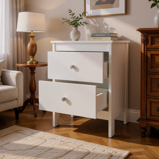 Sunvega Compact White Nightstand with 2 Drawers and Scratch-Resistant Surface