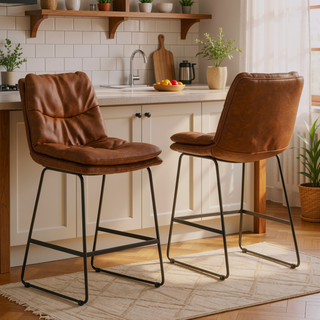 Sunvega Camel Brown Vegan Faux Leather Upholstered Counter Height Stool Set of 2