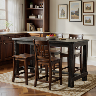 Sunvega Antique Wood Finished Counter Height Dining Set with Table and Six Brown Chairs