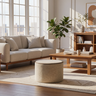 Sunvega Upholstered Beige Large Round Footstool with Timeless Elegance and Clean Lines