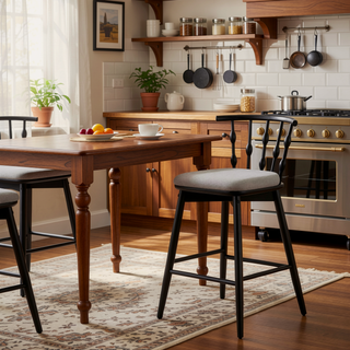 Sunvega Rubberwood Barstool Set of 2 with Grey Upholstery and Hourglass Backrest