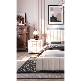 Sunvega Beige Contemporary Nightstand with Crystal Knobs and Vertical Tufting
