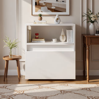 Sunvega White Nightstand with One Open Shelf and Spacious Drawer on Casters