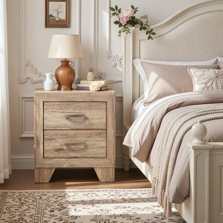 Sunvega Natural Wood Nightstand with 2 Dovetail Drawers and Metal Handle