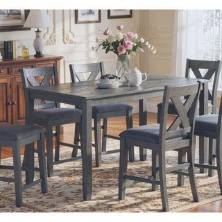 Sunvega Contemporary Gray Acacia Wood Counter Height Dining Table Set with 6 X-Back Chairs