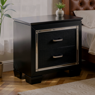 Sunvega Silver Faux Alligator Embossed Nightstand with 2 Dovetail Drawers and LED Lighting