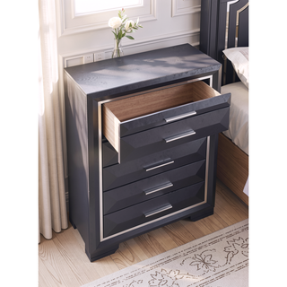 Sunvega Modern Black Wood Veneer Nightstand with Two Drawers for Bedroom