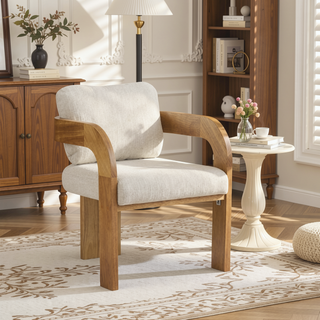 Sunvega Dining Chairs with Pillow Back, Natural Rubber Wood Frame and Beige Fabric, 2-Pack