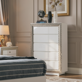 Sunvega Glam Gray 5-Drawer Chest with Plinth Base Silver Molding Glass Shelf