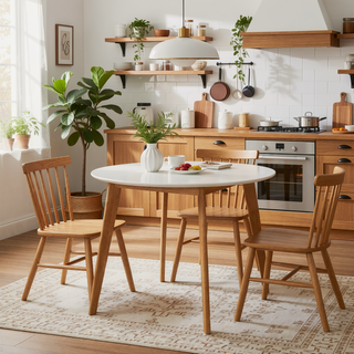 Sunvega Mid-Century Modern Round Dining Table with Two-Tone White and Natural Wood